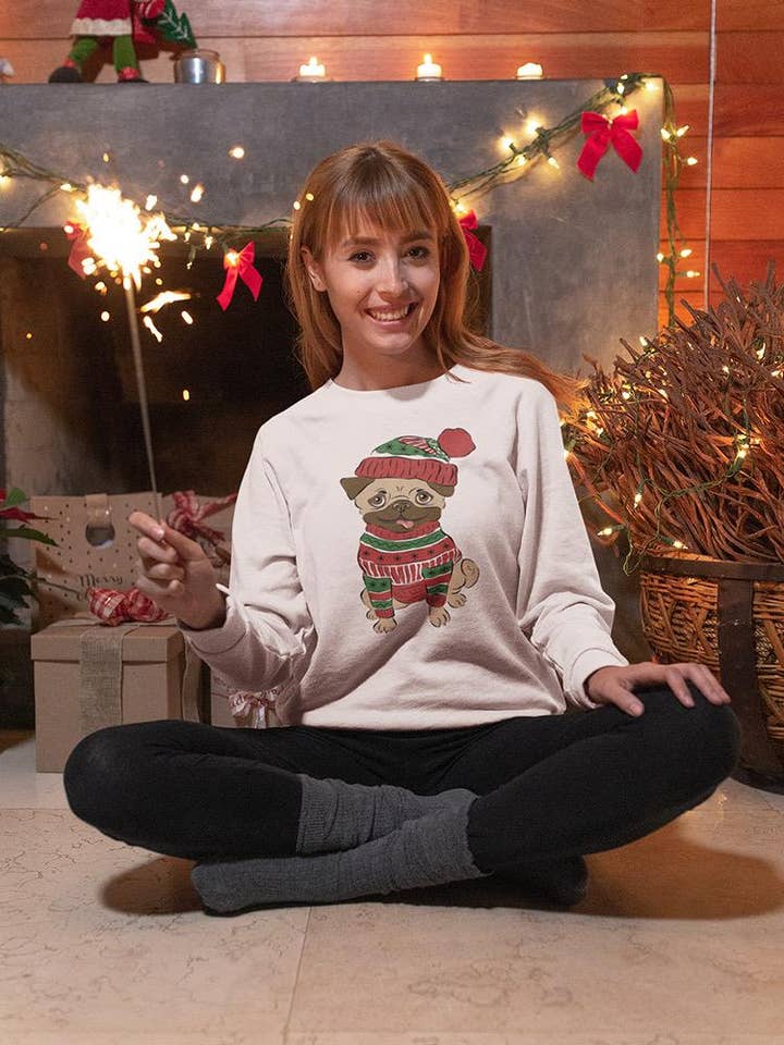 Christmas Pug Sweatshirt for wholesale by SmartPrintsInk