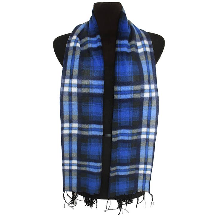 Cap Zone - Wholesale Scarf - Women's - Plaid Soft Fleece Fringe Trim Oblong Wrap Scarf