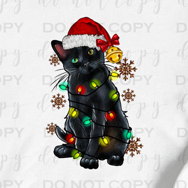 Black cat with Christmas lights- DTF Transfer for wholesale by 403 Designs
