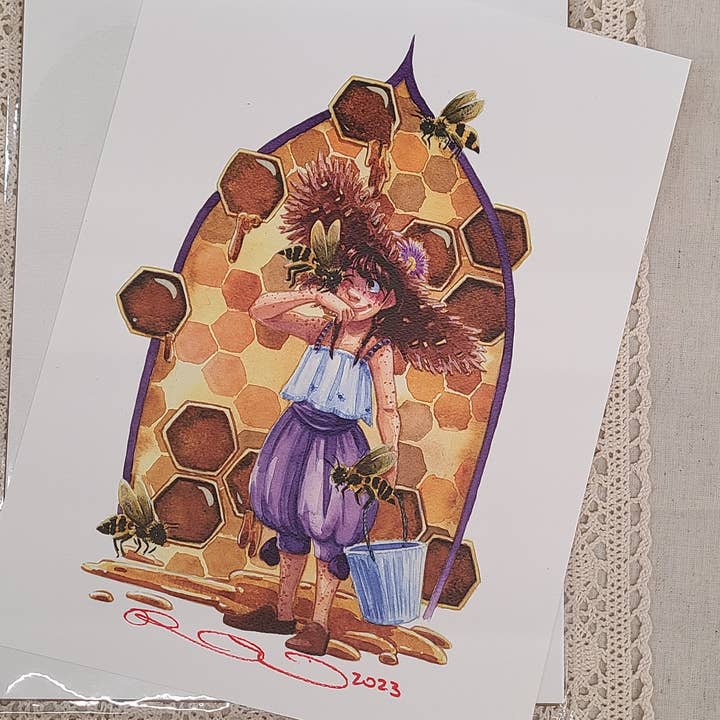 "Honeybee" Signed Art Print 9" × 12" archival quality for wholesale by Nattosoup Studio