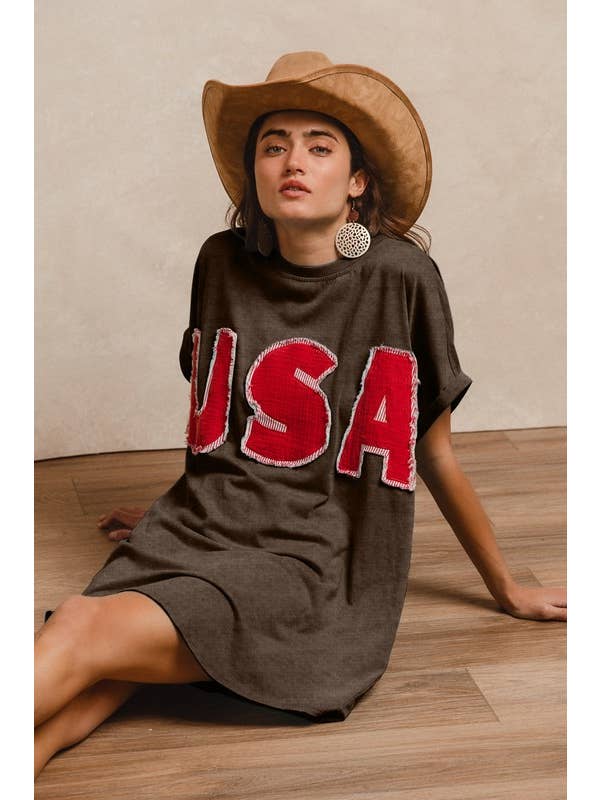 Vanilla Monkey - Wholesale Dress - Women's - Usa Lettering Patchwork Wash Jersey Dress