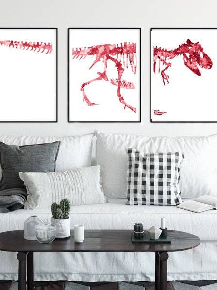 Sæt med 3 røde dinosaurer maleri akvarel for engroshandel hos Goodfairyart