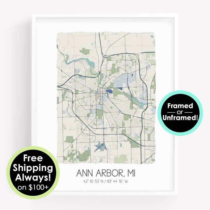 Ann Arbor Michigan map print, watercolor city map poster for wholesale by Sparks House Co.