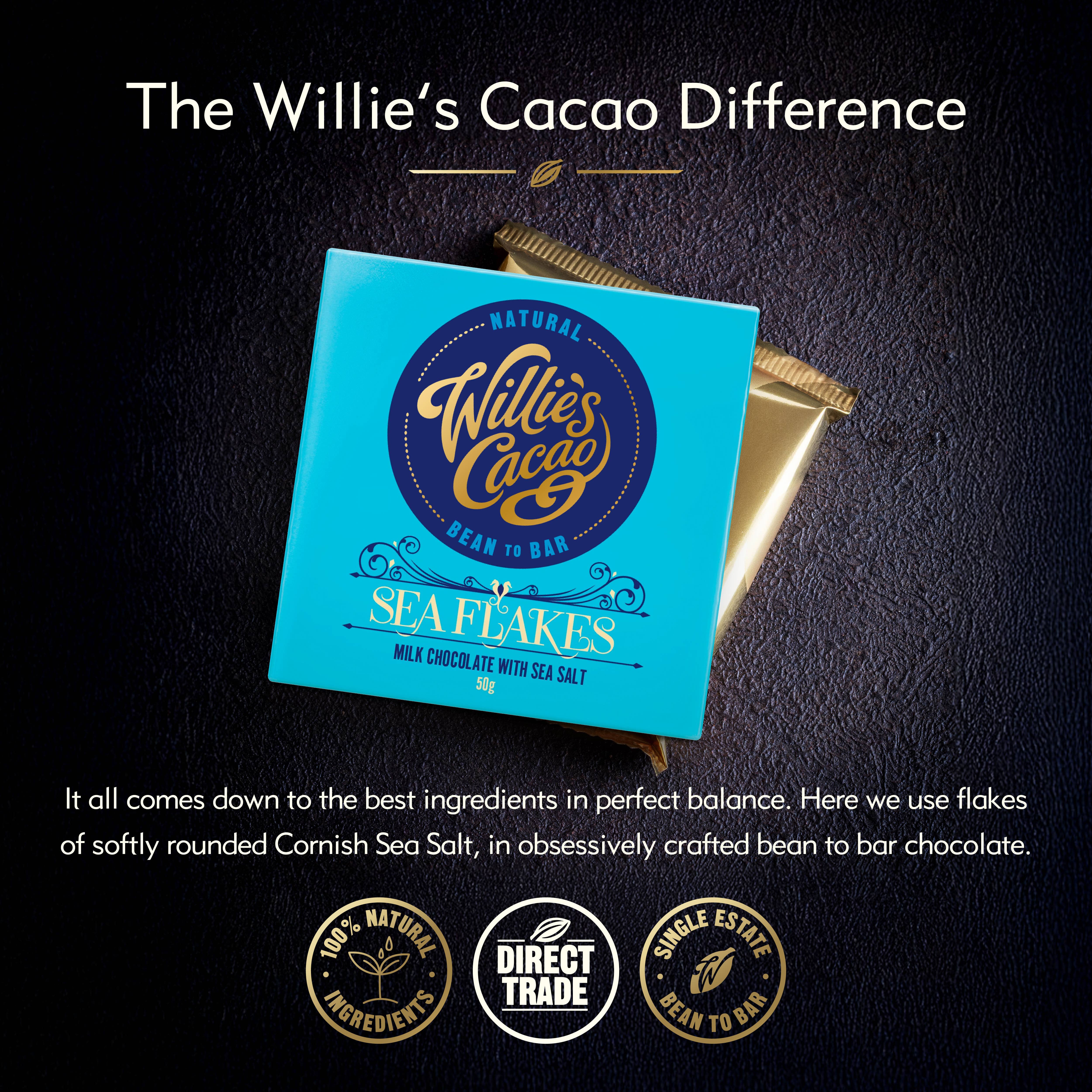 Willie's Cacao - Wholesale Chocolate Bar - Sea Flakes. Milk chocolate with flakes of Sea Salt. 50g bar1