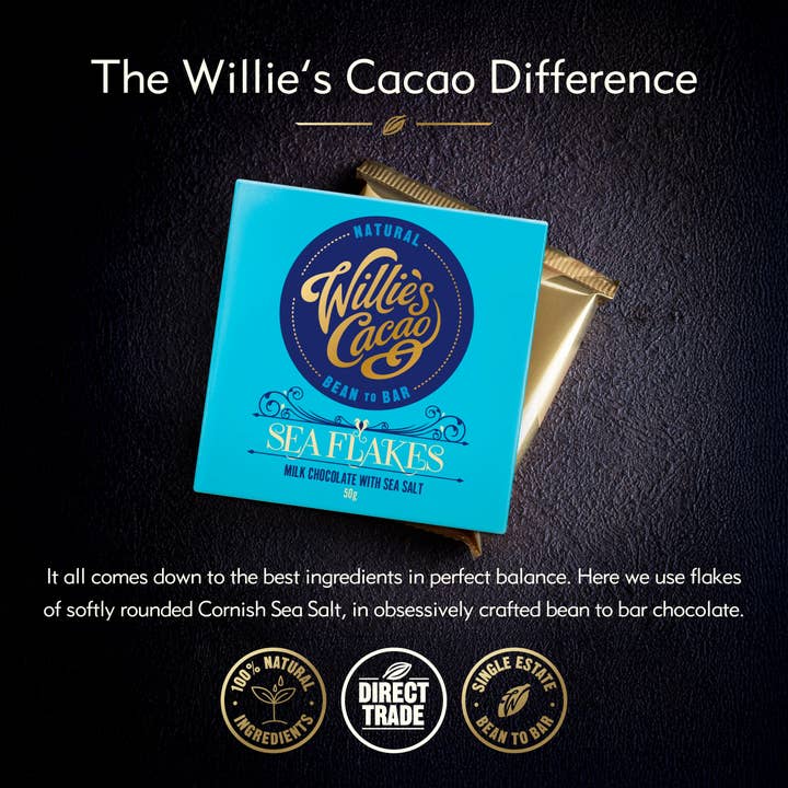Willie's Cacao - Vendita all'ingrosso Barretta di cioccolato - Fiocchi di mare. Cioccolato al latte con scaglie di sale marino. Barretta da 50g1