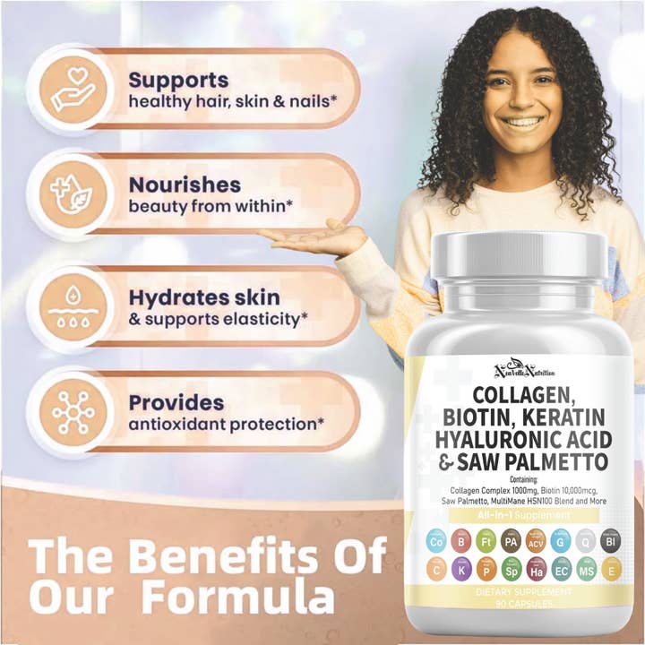 NeuVelle Nutrition - Wholesale Oral supplement/vitamin - Collagen, Biotin, Keratin, Hyaluronic Acid, Saw Palmetto, Vitamin C, PABA, Pumpkin Seed, Quercetin, ACV, Folate, MSM, Vitamin E & Black Pepper – 90 Capsules5