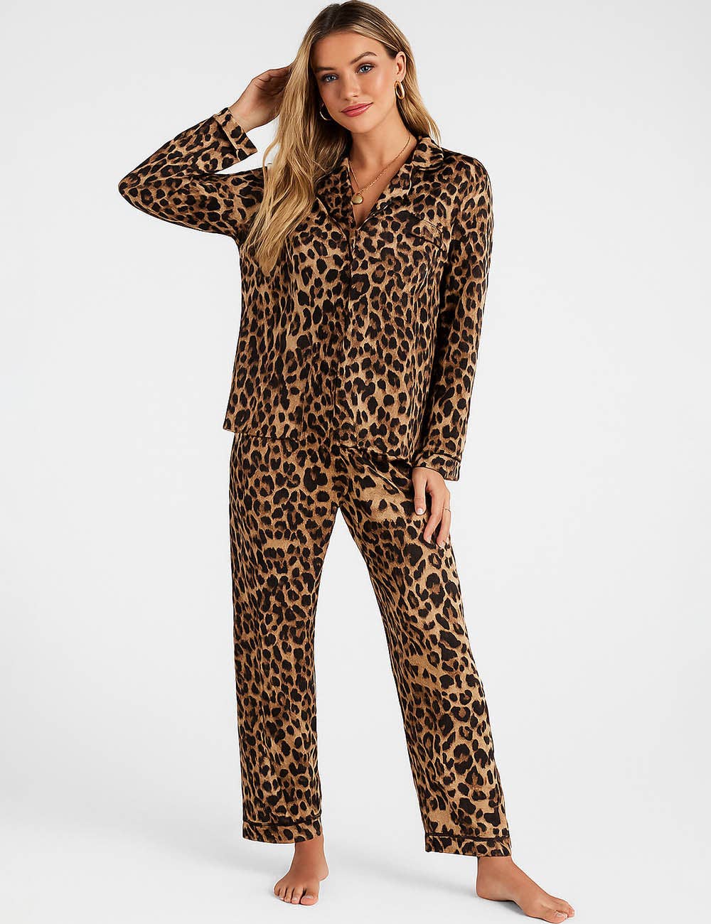Ladies Satin Leopard Lapel Collar Shirt & Pants Pajama Set for wholesale on Faire1