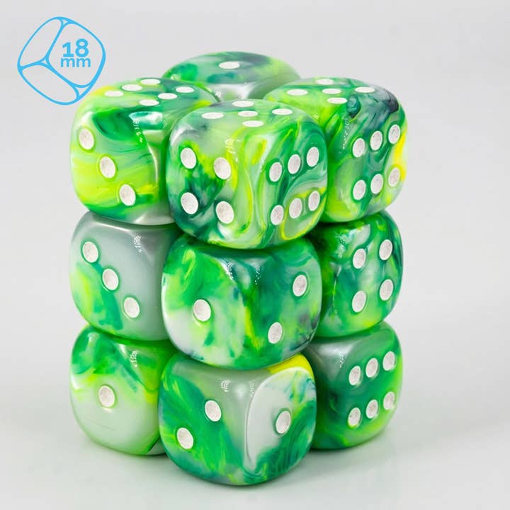 Serica Serica verde / branco 18mm W6 Conjunto (12 peças) por atacado de WeLoveDice