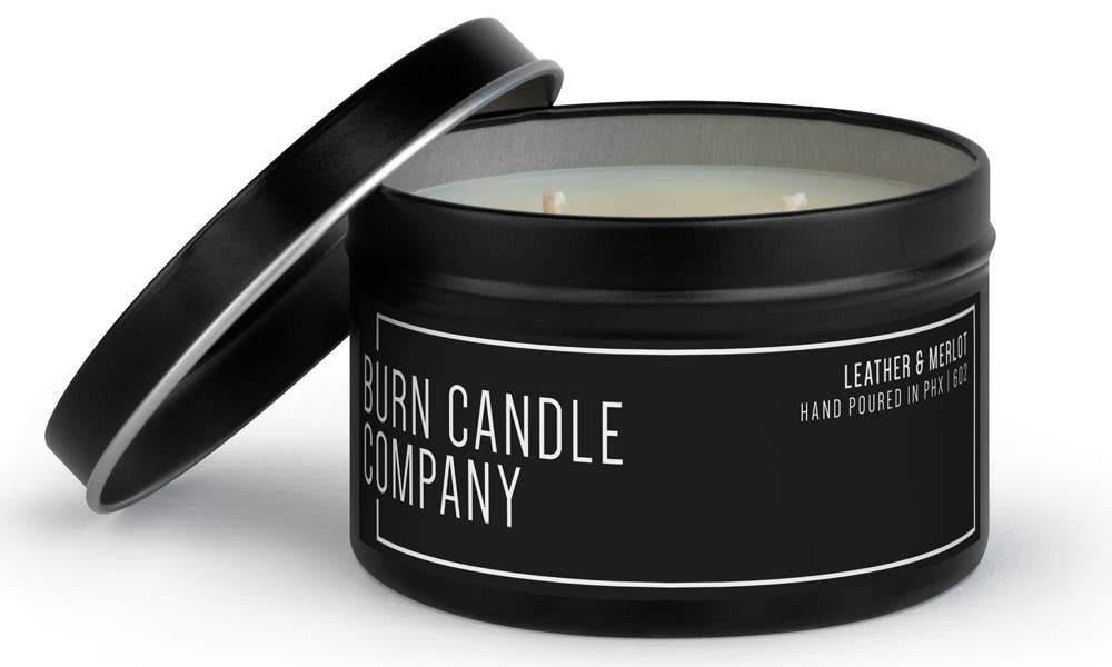 Burn Candle Company - Wholesale Travel Candles - Leather & Merlot | Dual Wick | 8 oz Black Tin0