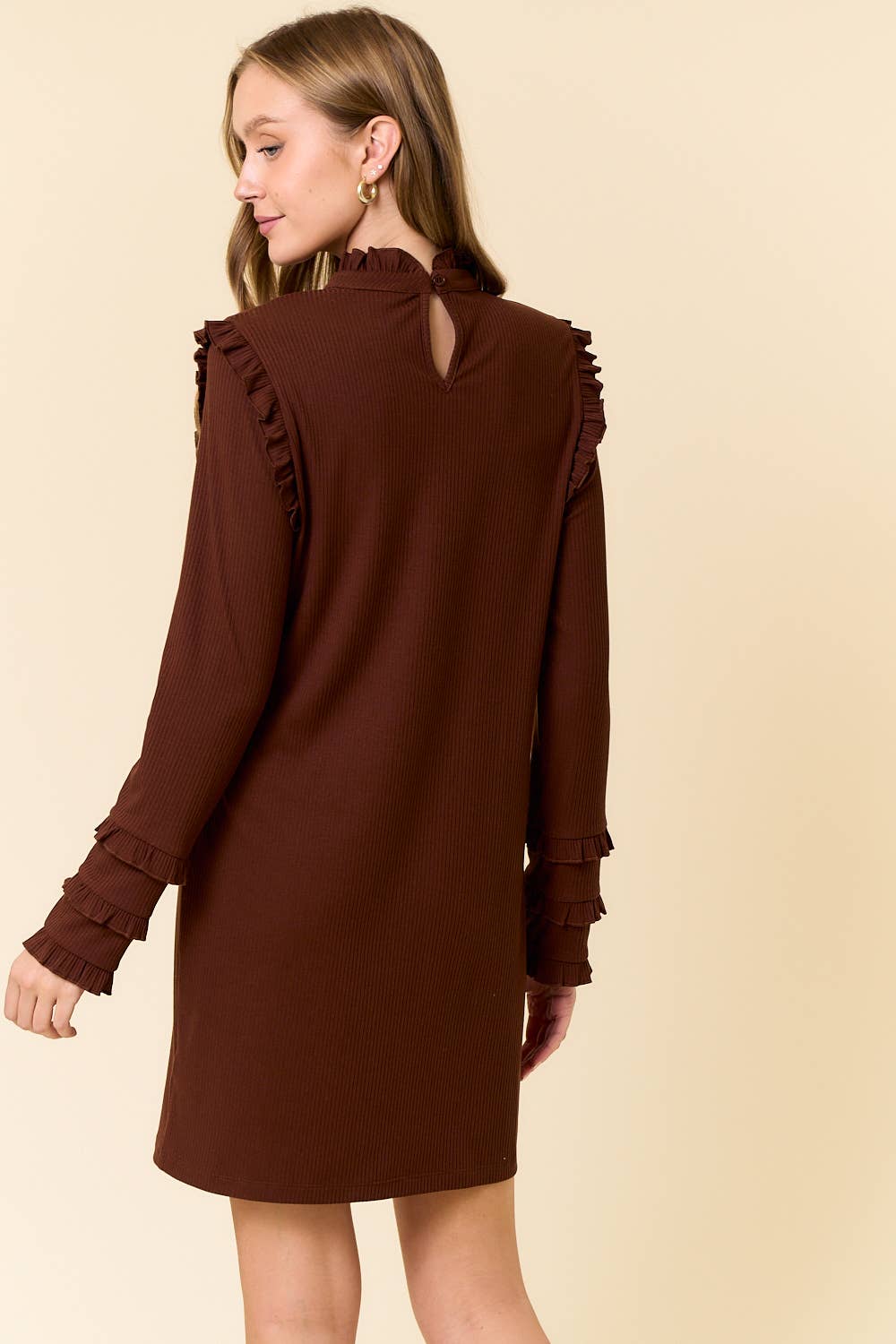 ESPRESSO Rib Knit Ruffled Mock Neck Long Sleeve Mini Dress - 27830D for wholesale on Faire3