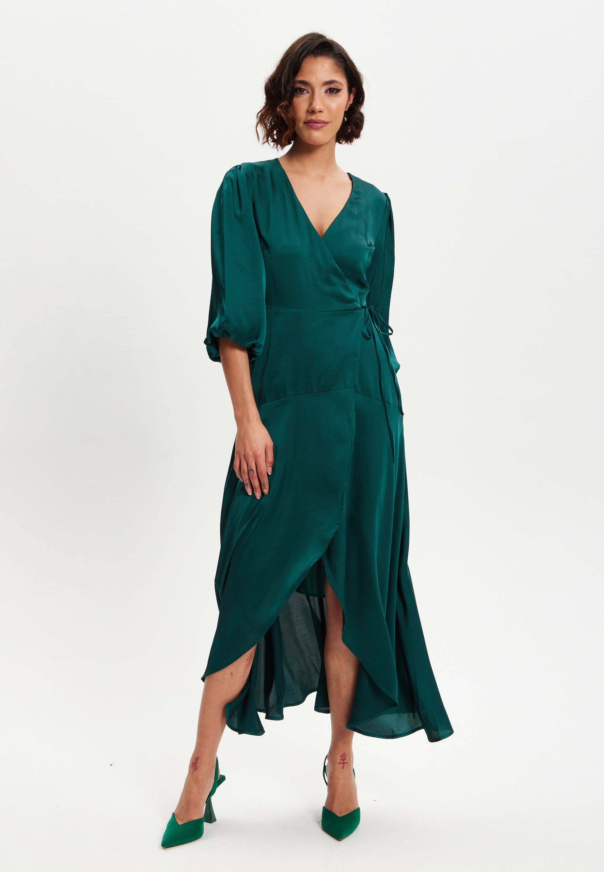 Liquorish Dark Green Midi Wrap Dress With Short Puff Sleeves for wholesale on Faire1