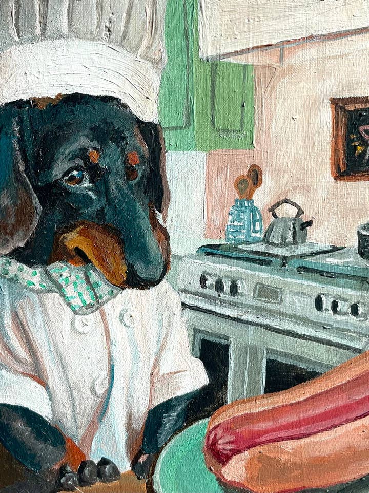 Dachshund Chef with Hotdog Art Print for wholesale by mohrdoesart
