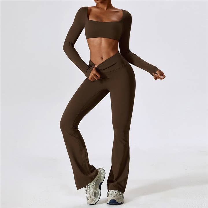 FurDecoration - Wholesale Activewear set – Women′s - Solid Color Square Neck Long Sleeve Cropped Top and Skinny Pants Set8