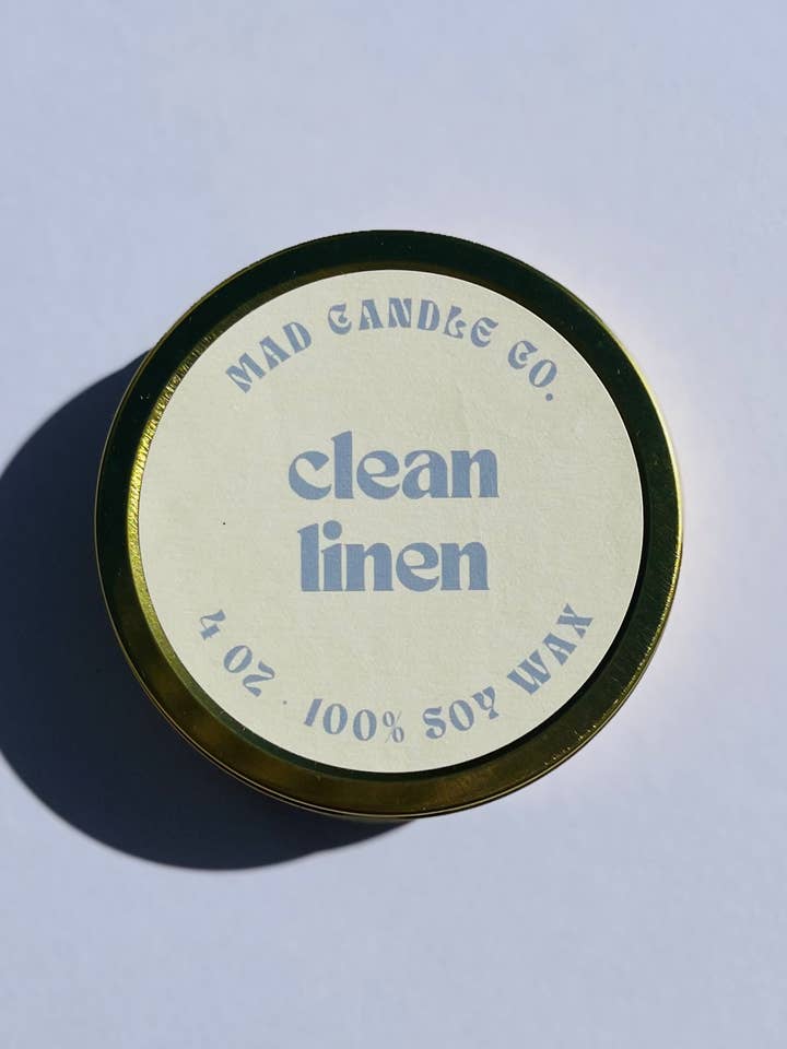 Clean Linen Soy Candle - 4 oz Gold Tin & Wood Wick for wholesale by Mad Candle Co.