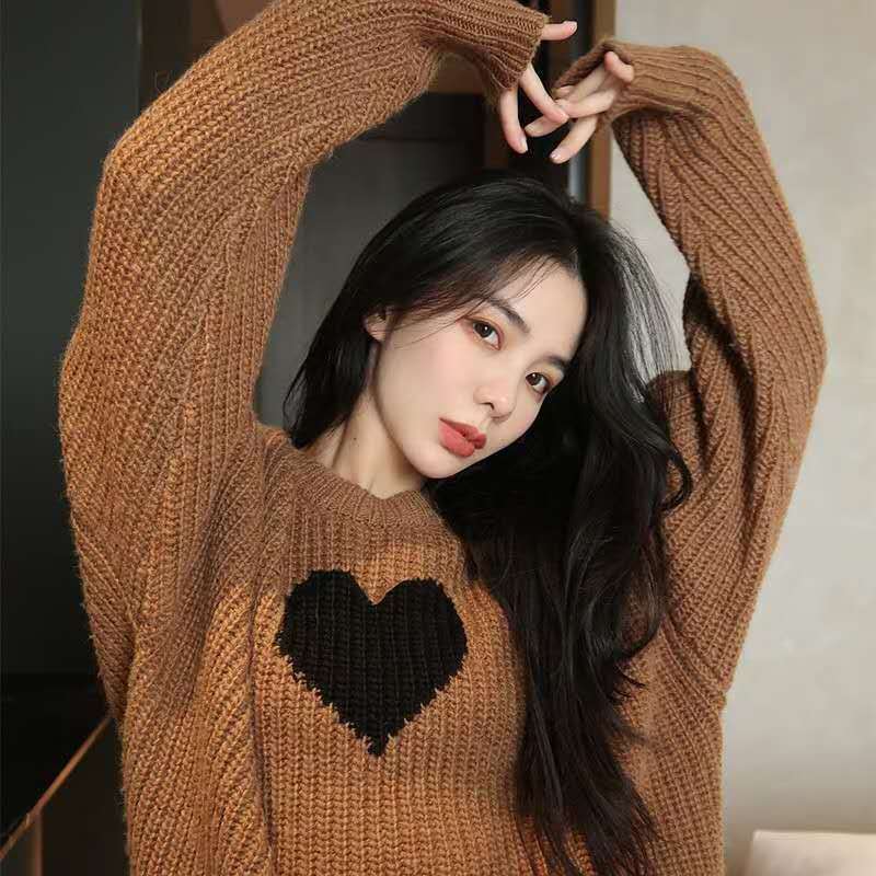 Brown Casual Outer Wear Love Loose Sweater Women Round Neck Pullover Knit Top for wholesale on Faire2