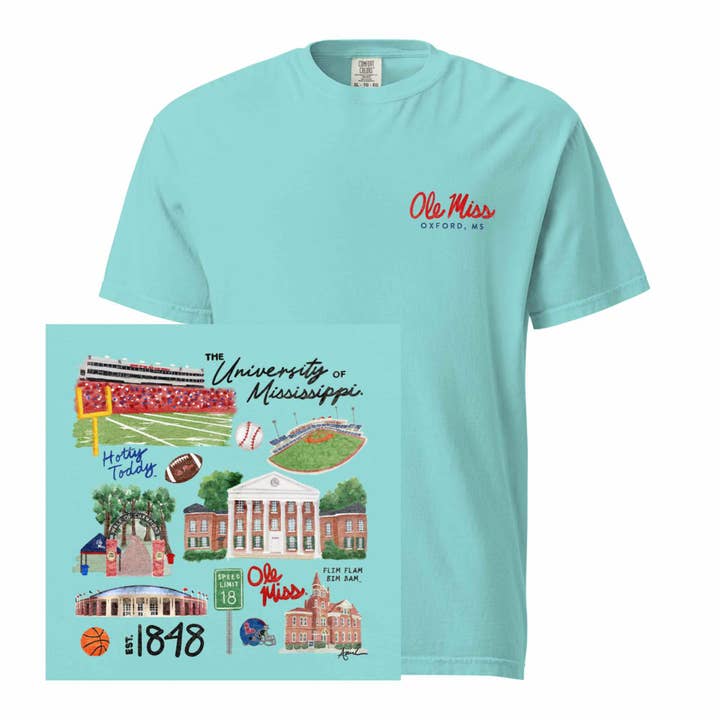 Carper Creative Co. - Wholesale Screen Printed T-Shirt - Unisex - Ole Miss Watercolor Art Collage T-shirt - Comfort Colors3