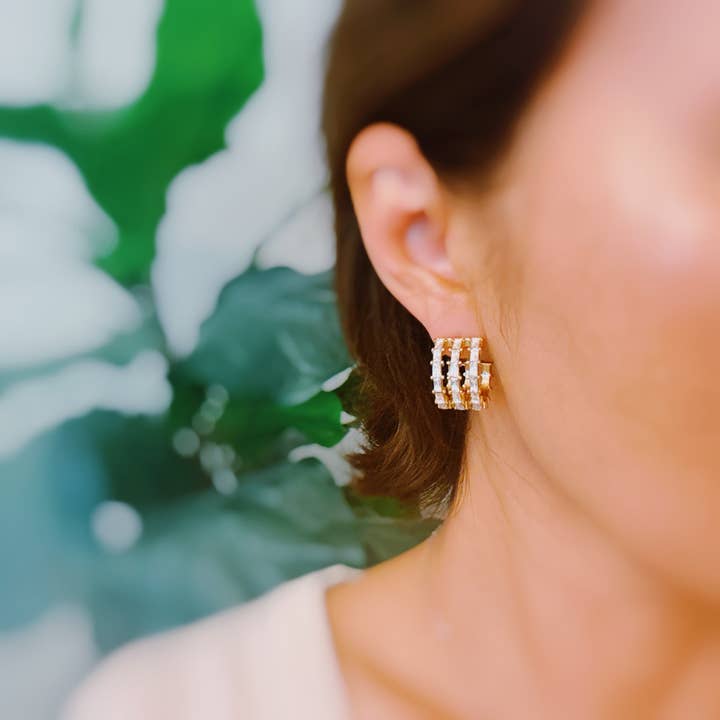Ellison+Young - Wholesale Hoop Earrings - Lined Diamond Huggie Hoop Earrings