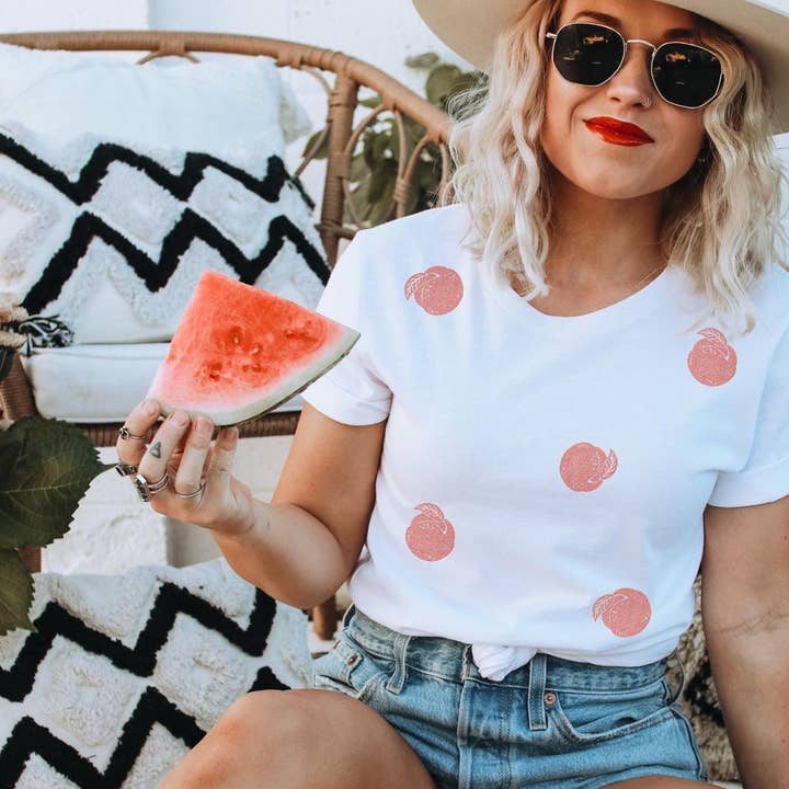 Vintage peach t-shirt, all-over peaches hand printed unisex tee, unique block print fruit tshirt, spring summer shirt, ethical fashion for wholesale by M.E. Image