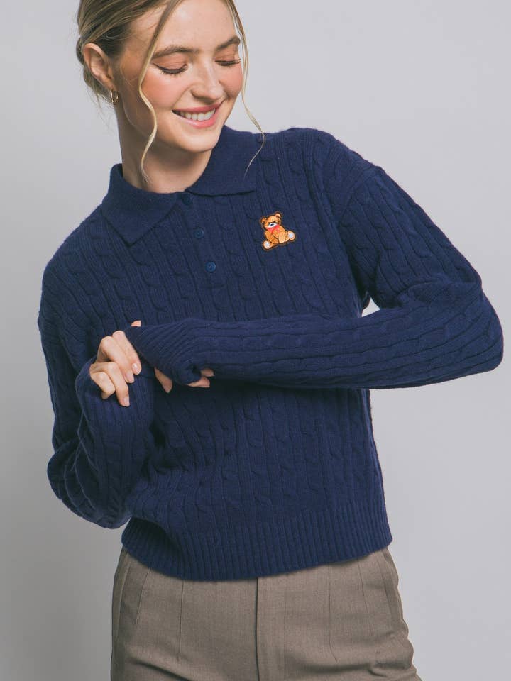 Kabelstickad Teddybjörn Polo Tröja för wholesale av Pink Irene Wholesale