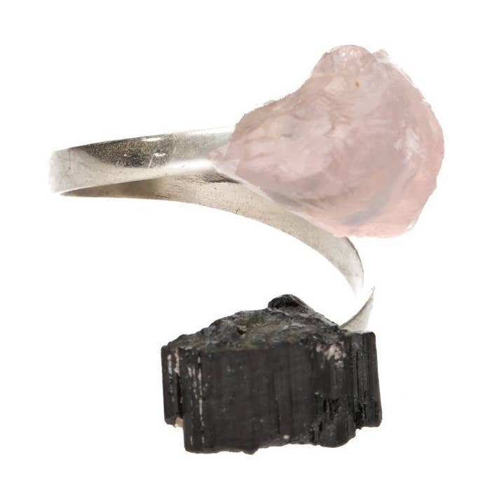 Bague en argent avec tourmaline et quartz rose brut pour la vente par Vives de la Cortada S.L