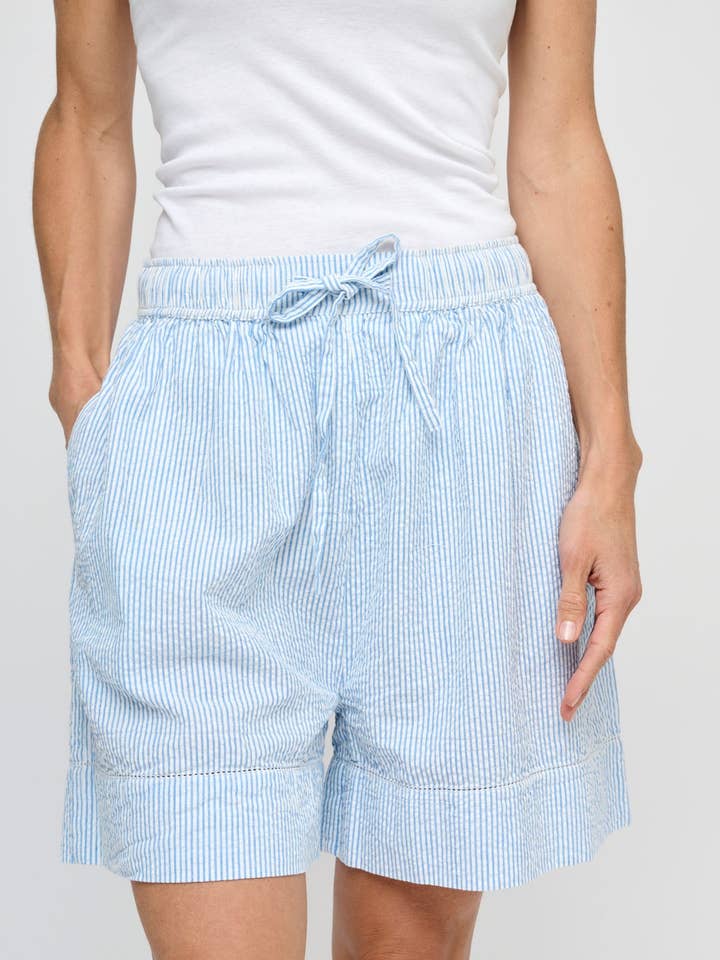 wake shorts wave stripe - white / blue for wholesale by moshi moshi mind