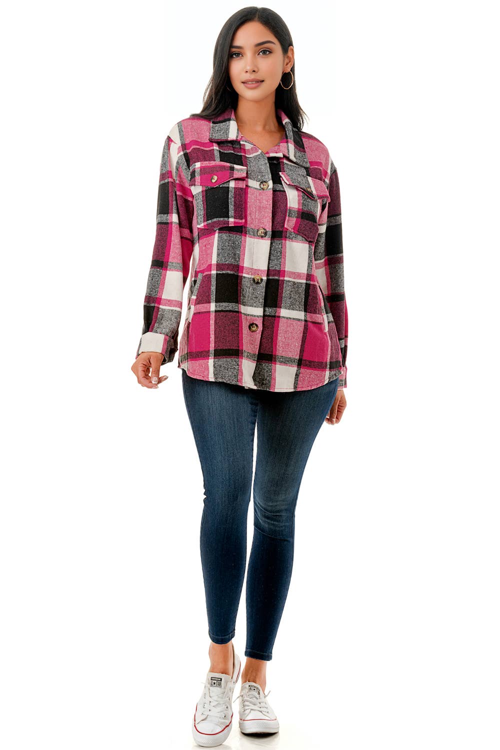 Color 5 - Vendita all'ingrosso Giacca a camicia - Donna - Camicia oversize in flanella scozzese rosa con tasche7