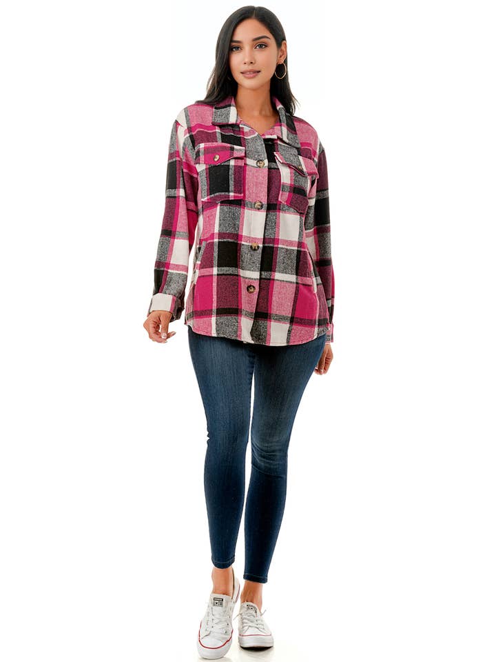 Color 5 - Vendita all'ingrosso Giacca a camicia - Donna - Camicia oversize in flanella scozzese rosa con tasche7