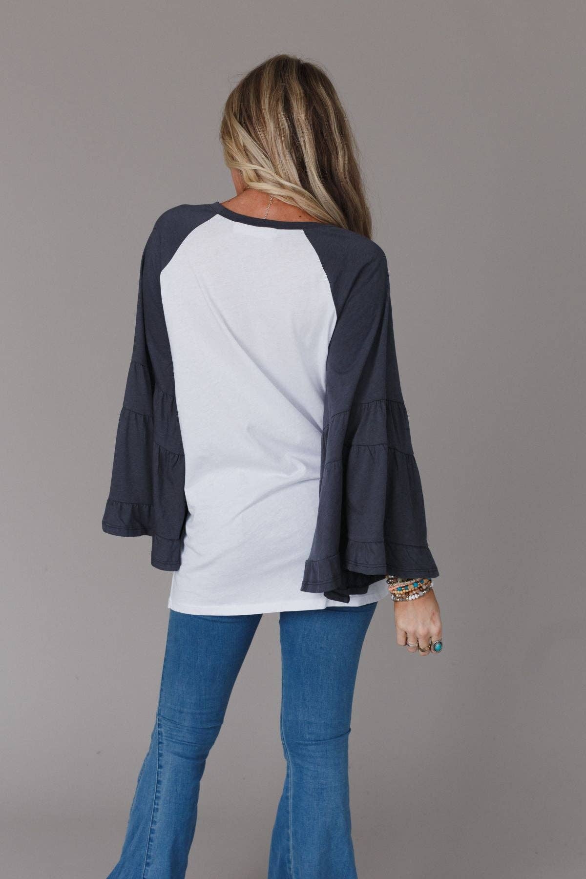 Three Bird Nest - Wholesale Tunic - Women's - Bell Sleeve Baseball Tee - Charcoal1