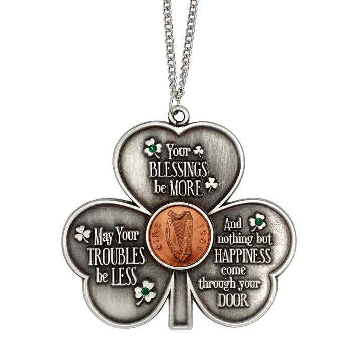 Shamrock Irish Penny House Blessing With Emerald Green Glass for wholesale by American Coin Treasures