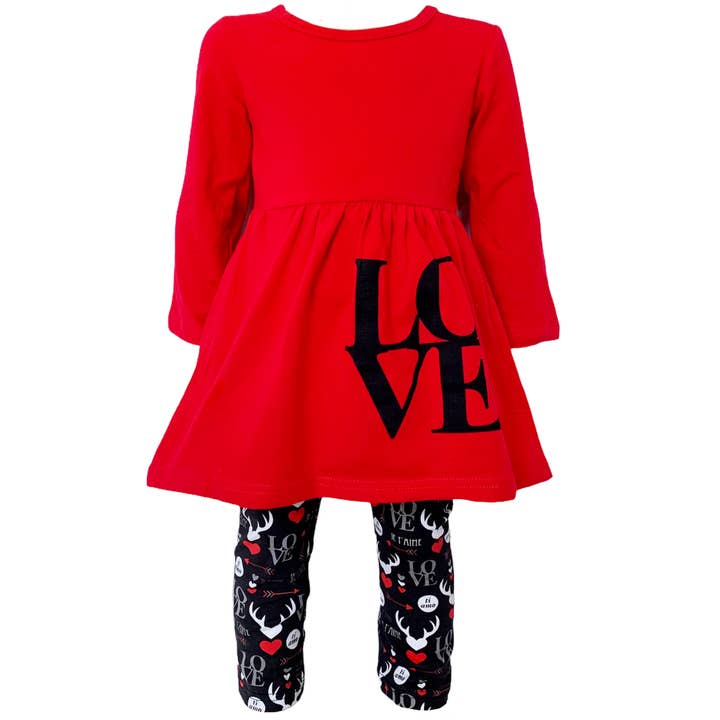 Conjunto Girls Valentine's Day LOVE Túnica vermelha, leggings e cachecol por atacado de AnnLoren