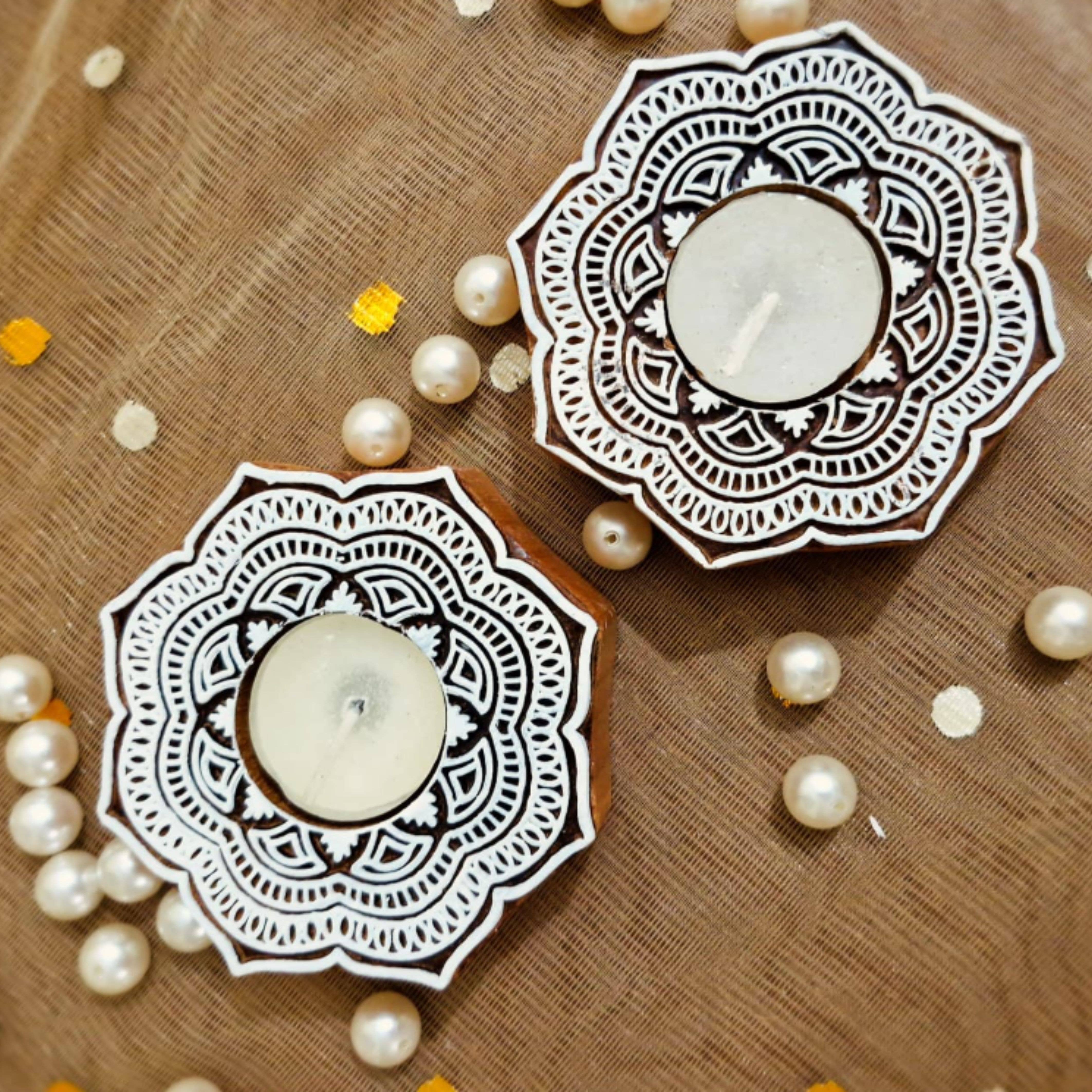 Magnifique Hearts - Wholesale Candle Holder - Handcrafted Wooden Tealight Holder, Mandala Flower Design 45