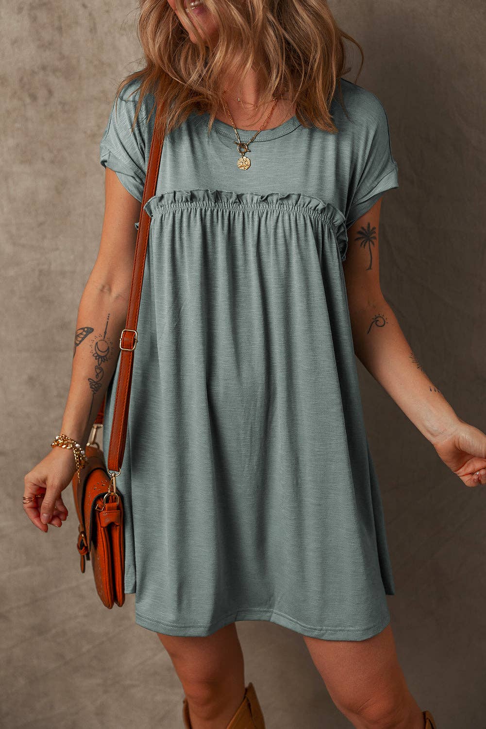 Mist Green Frilled Gathered Seam Round Neck T Shirt Dress for wholesale on Faire
