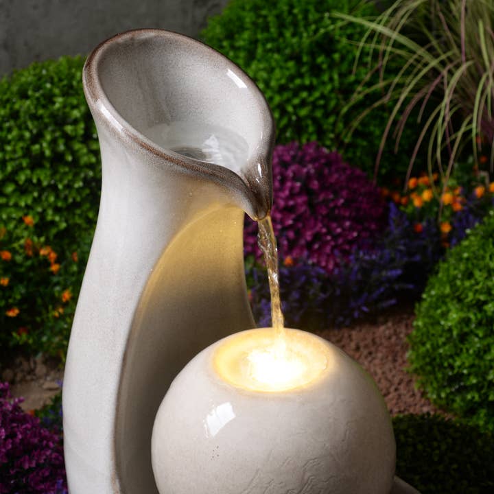 Hi-Line Gift Ltd. - Wholesale Outdoor ornament/decor - Ceramic Fountain with Lights - Ivory Elegance1