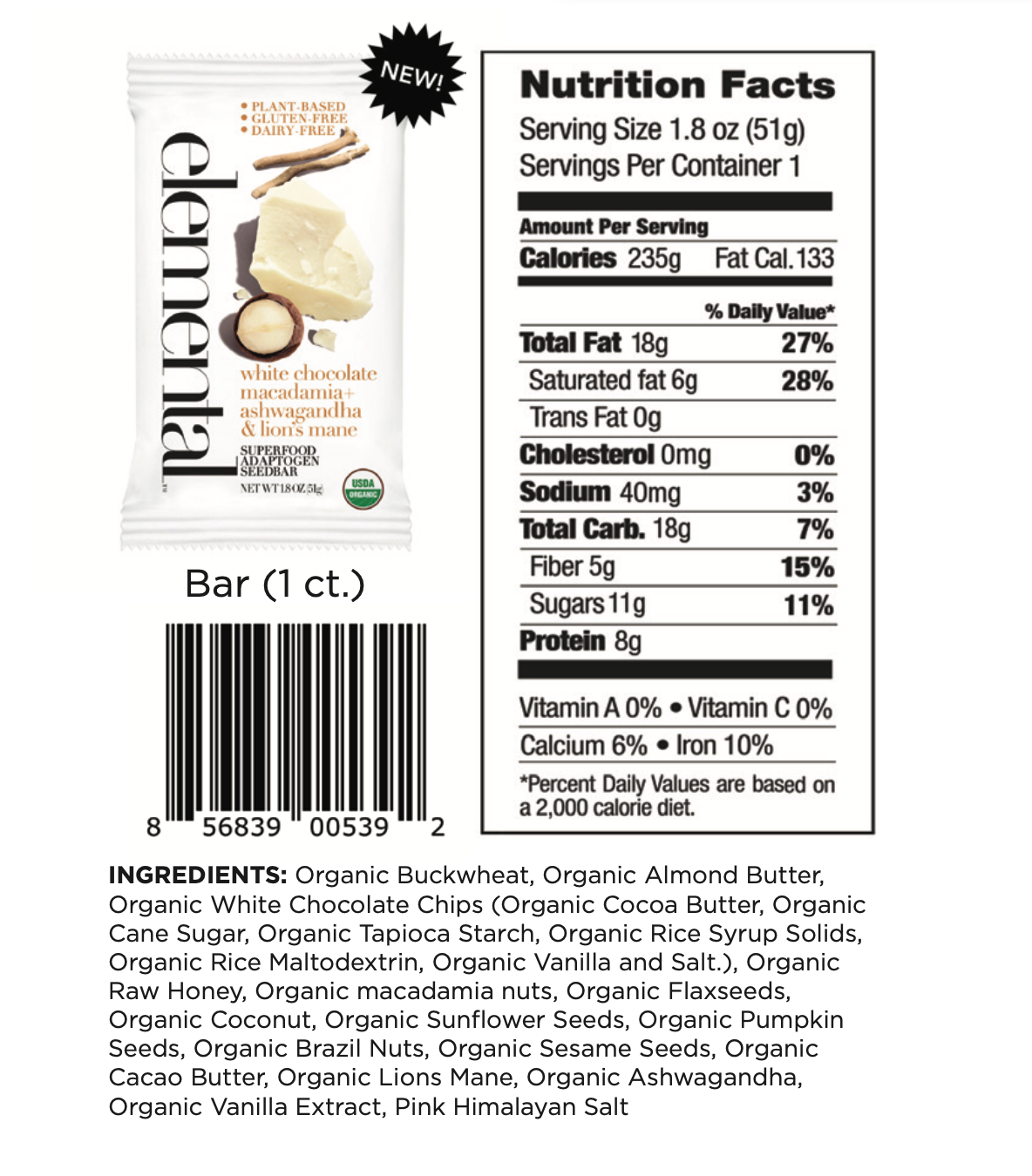 Elemental Superfood - Wholesale Snack Bar - White Chocolate Macadamia + Ashwagandha & Lion's Mane1