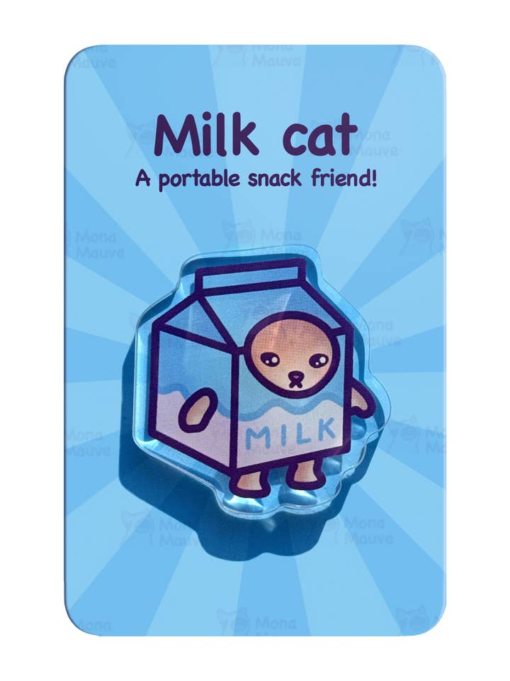 Milk Cat Pin | Snack Cats Collection | 40mm Acrylic Badge Butterfly Clutch for wholesale by Mona Mauve • Silly Art!