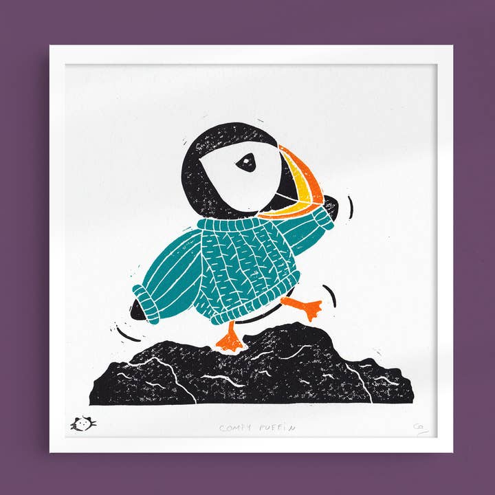 Comfy Puffin With Knitted Jumper Lino Print for wholesale by Stamped Cat