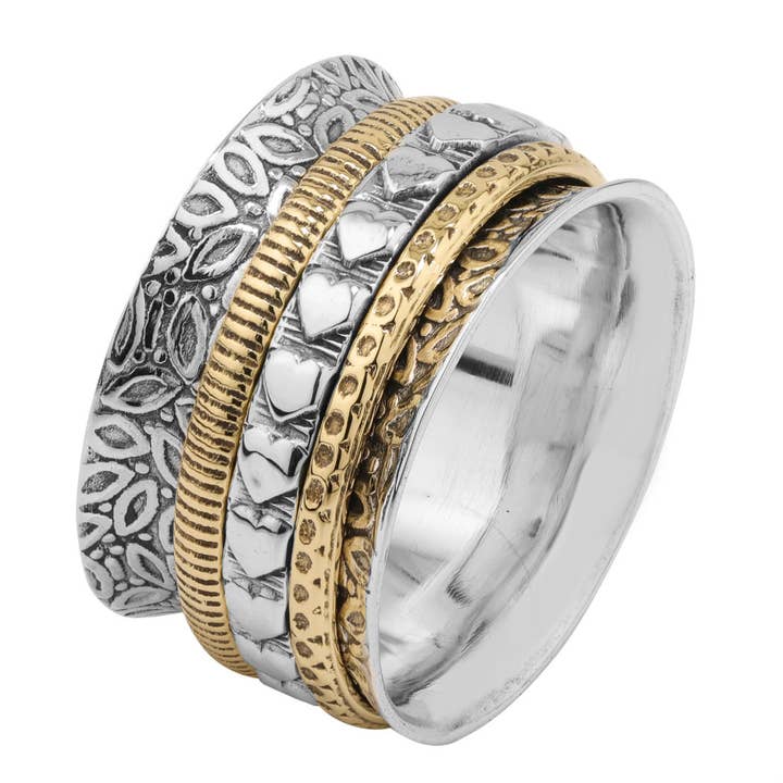 VENTE Bague Tournante/Anti-Stress en Argent et Laiton Jardin des Cœurs pour la vente par Saraswati Imports