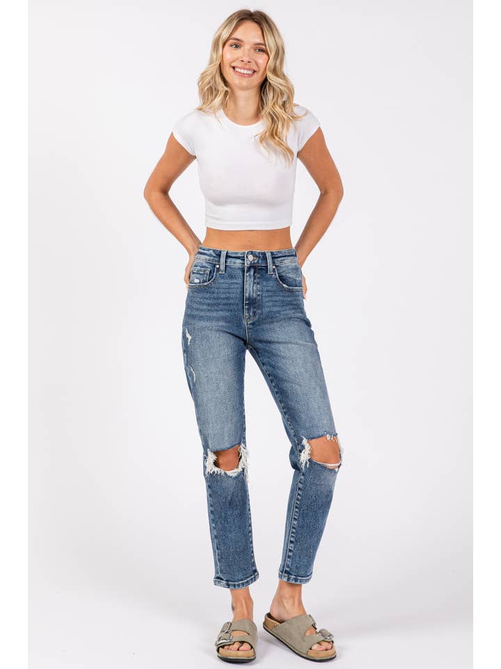 Petra153 - Wholesale Jeans - Women's - P1275M-MD KNEE DESTROYED SUPER HIGH RISE STRETCH MOM JEANS
