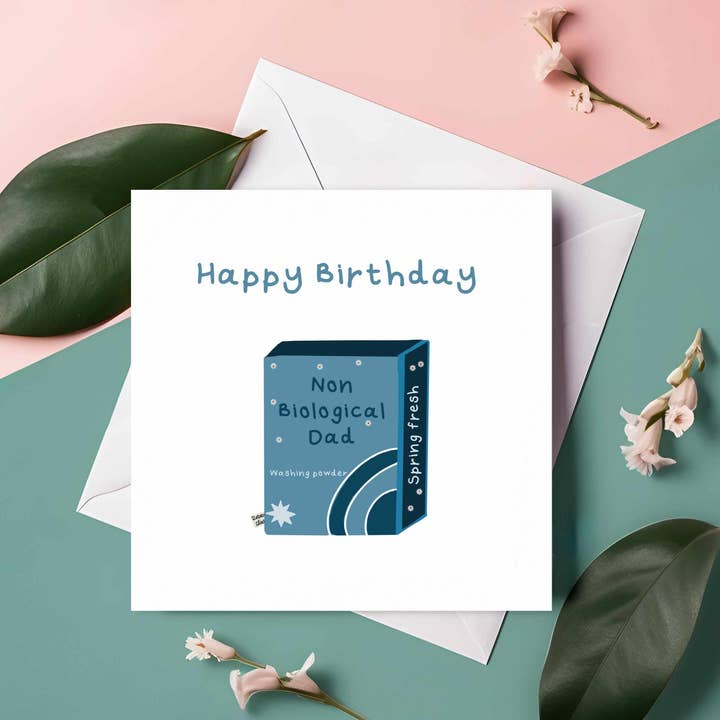Funny Stepdad Birthday Card: Non-Bio Washing Powder Design for wholesale by Rebecca Gladys