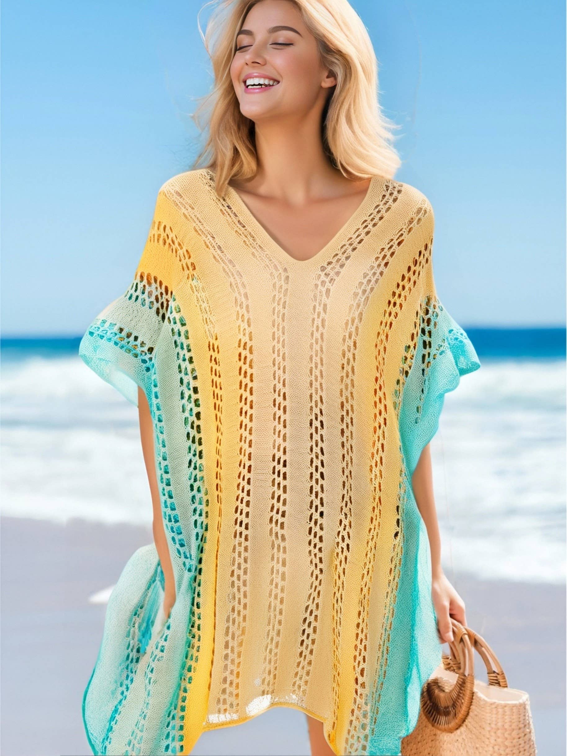 JC Sunny Fashion - Wholesale Swim Cover Up - Women's - Boho Ombre Knee-Length Hollow-Out Knit Cover-Up2