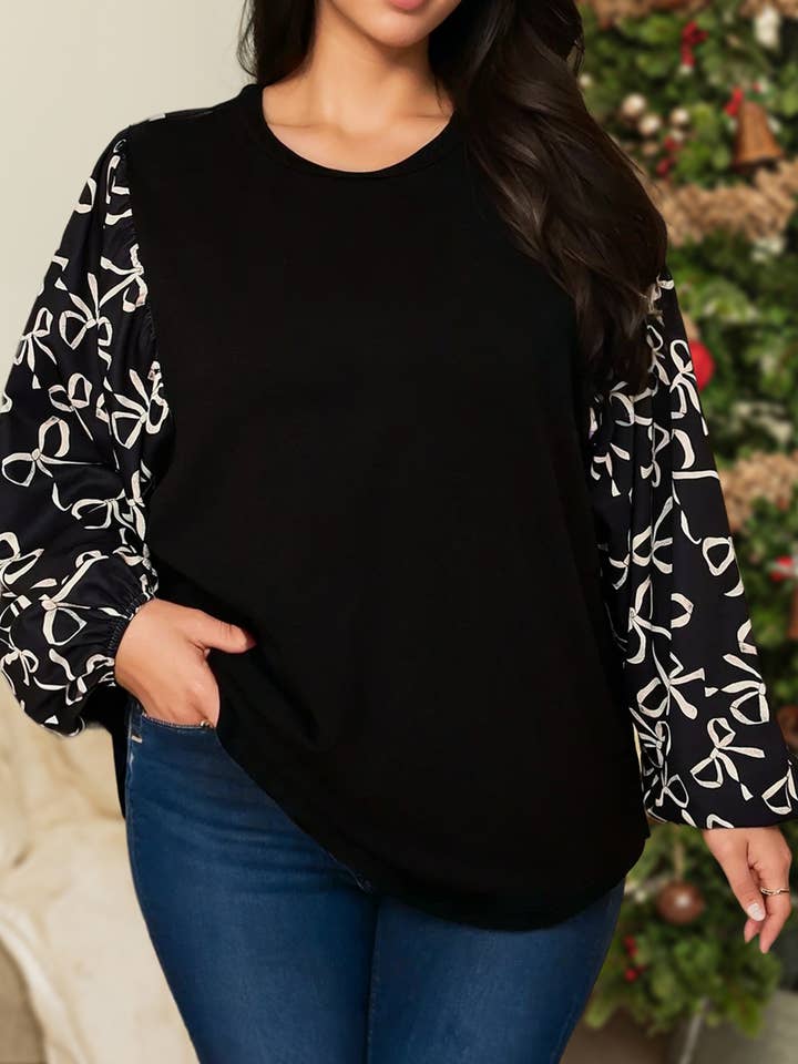 Blouse à col rond avec nœud papillon et patchwork | Taille Plus 1X-4X pour la vente par Aapparella