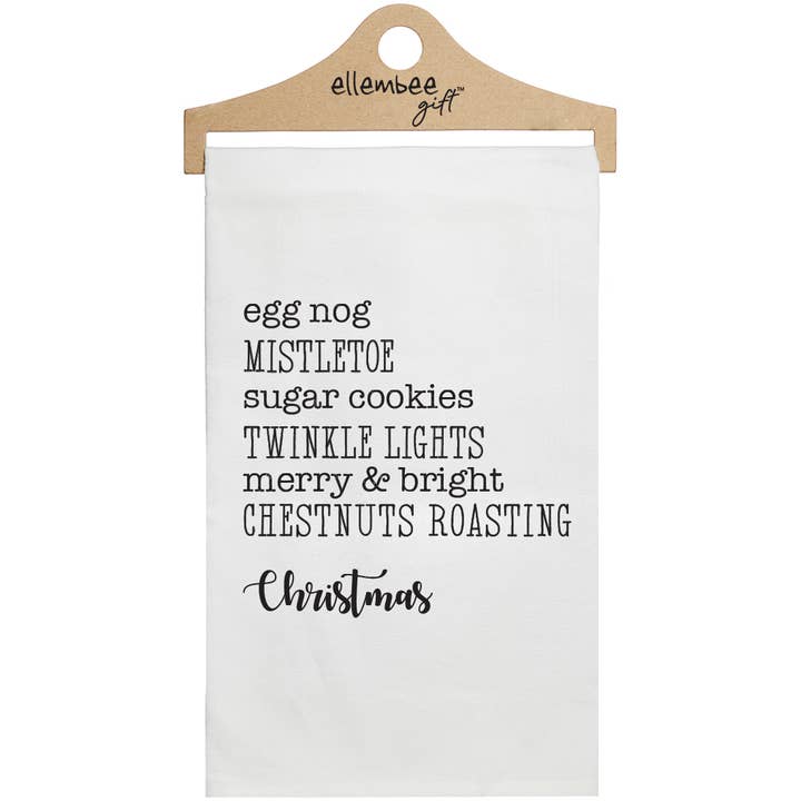 White Christmas Egg Nog Mistletoe Favorite Things Tea Towel for wholesale by ellembee gift