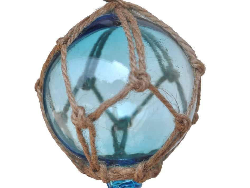 Hampton Nautical - Wholesale Ornament - Light Blue Japanese Glass Ball Fishing Float With Brown Netting Decoration 3"1