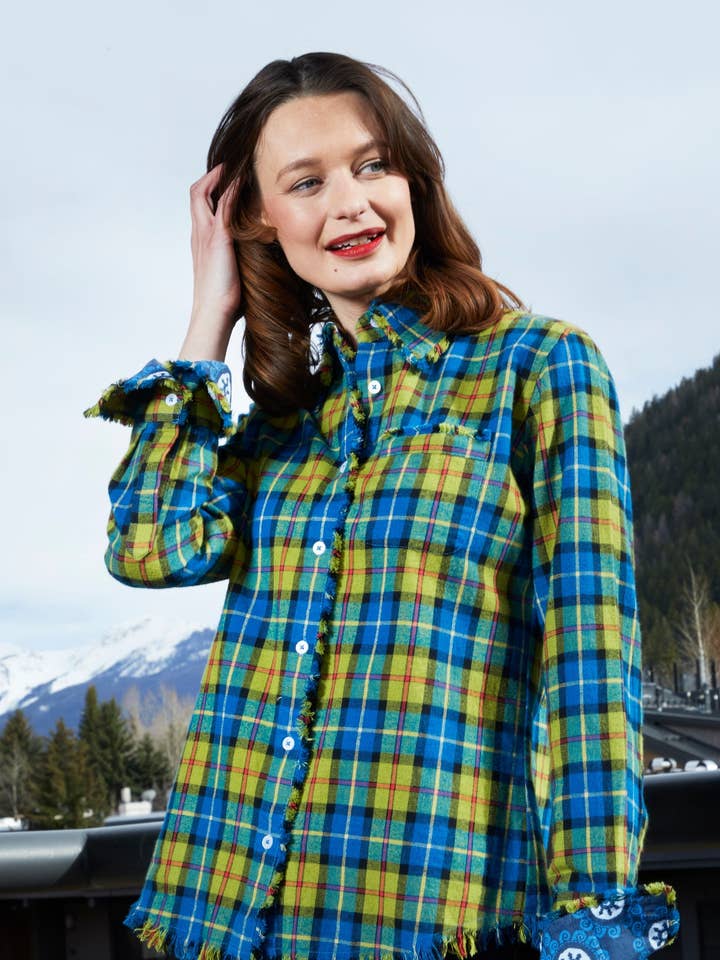 Cape Cod Tunic With Fringe Bottom In Indigo Blue Yarn Dyed Flannel Plaid for wholesale by Dizzy-Lizzie