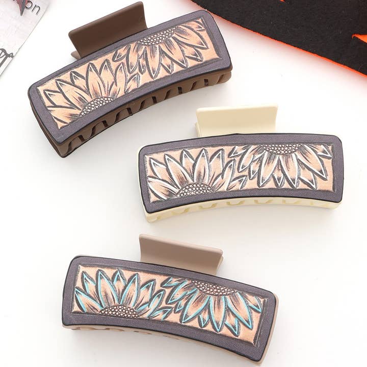 ACCITY - Wholesale Hair Clip - Women's - WESTERN SUNFLOWER LEATHER HAIR CLAW CLIP_CWAHA0609