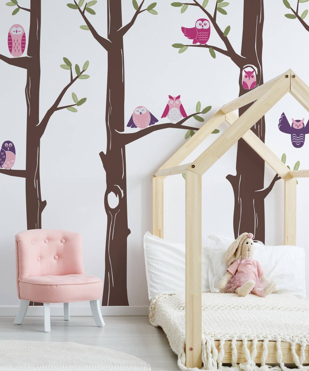 Simple Shapes - Wholesale Wall Decal/Stickers - Friendly Forest Owls with Trees Wall Decal1