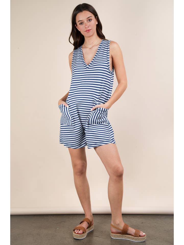 VERY J - Wholesale Romper - Women's - NP70744-Striped Knit Casual Comfy Romper
