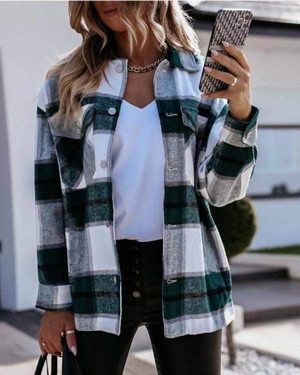 Fashion Combination - Wholesale Jacket - Women's - plaid print long sleeve button up shacket4
