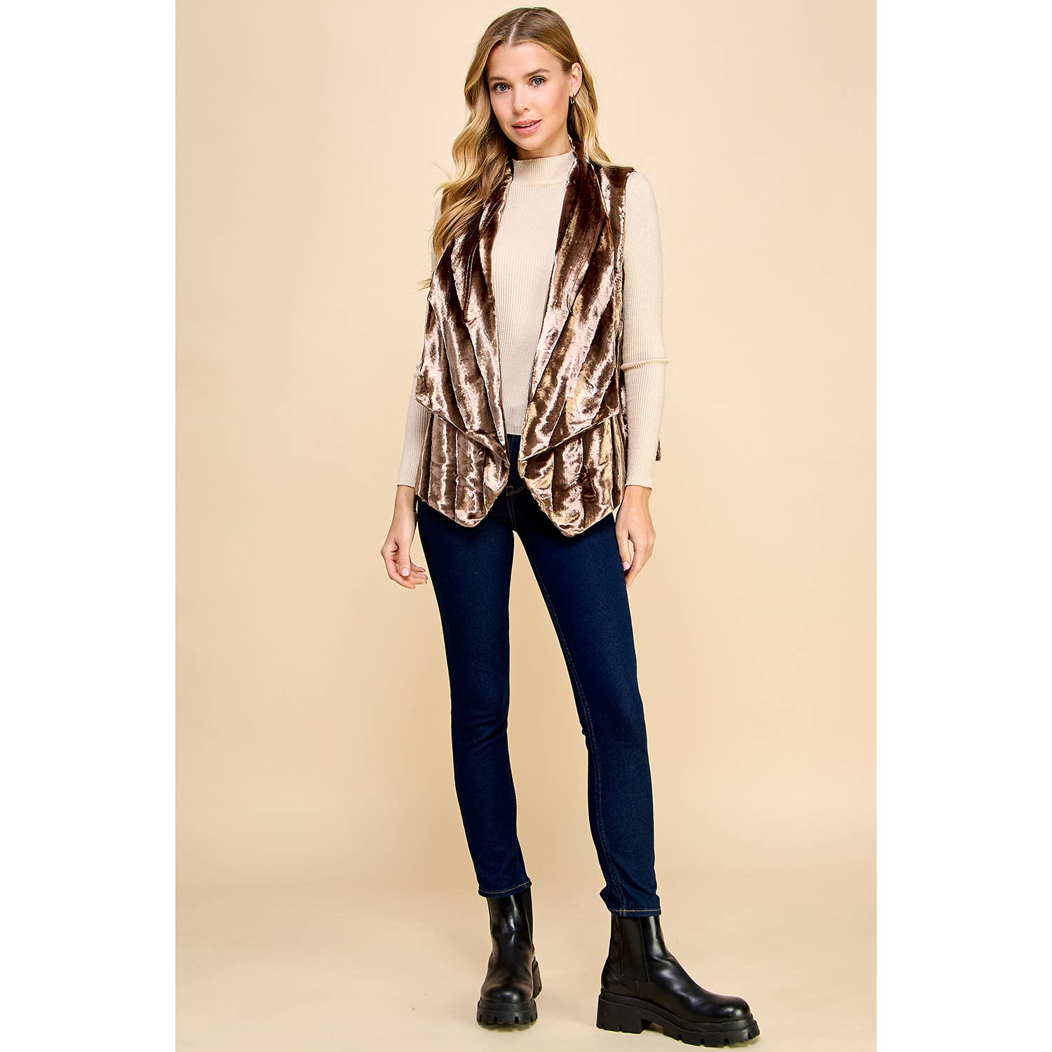 BROWN FAUX FUR OPEN VEST 25246 for wholesale on Faire4