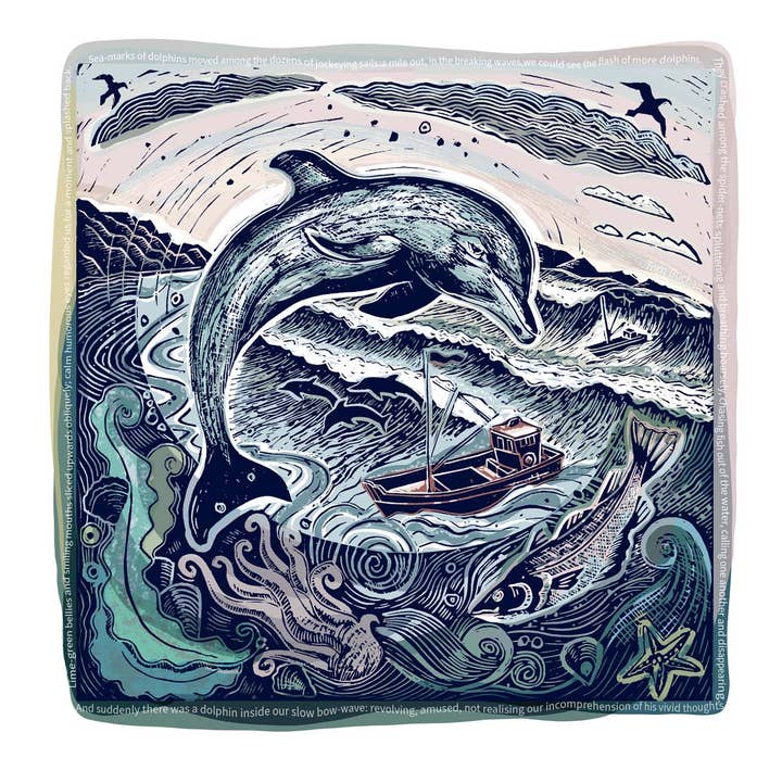 Jamie Poole – wholesale Art print – Chasing Fish! (Dolphin) Limited Lino Print0
